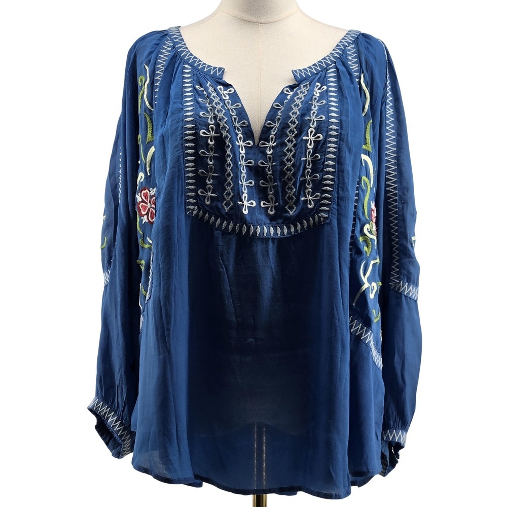 Kyla Sea Blouse Womens L Blue Tunic V-Neck Embroidered Lightweight Rayon